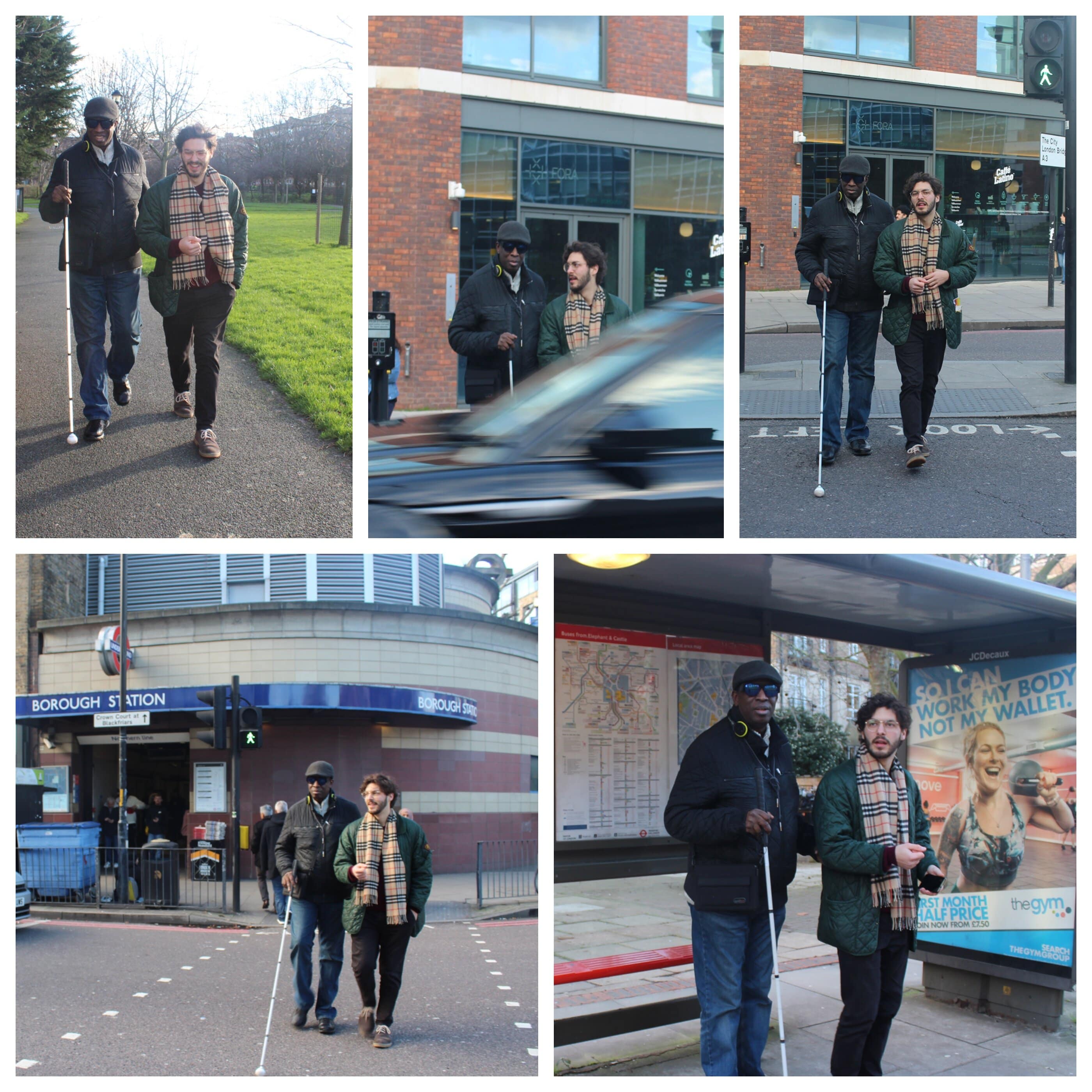 Collage from travel points of a visually impaired person and a volunteer