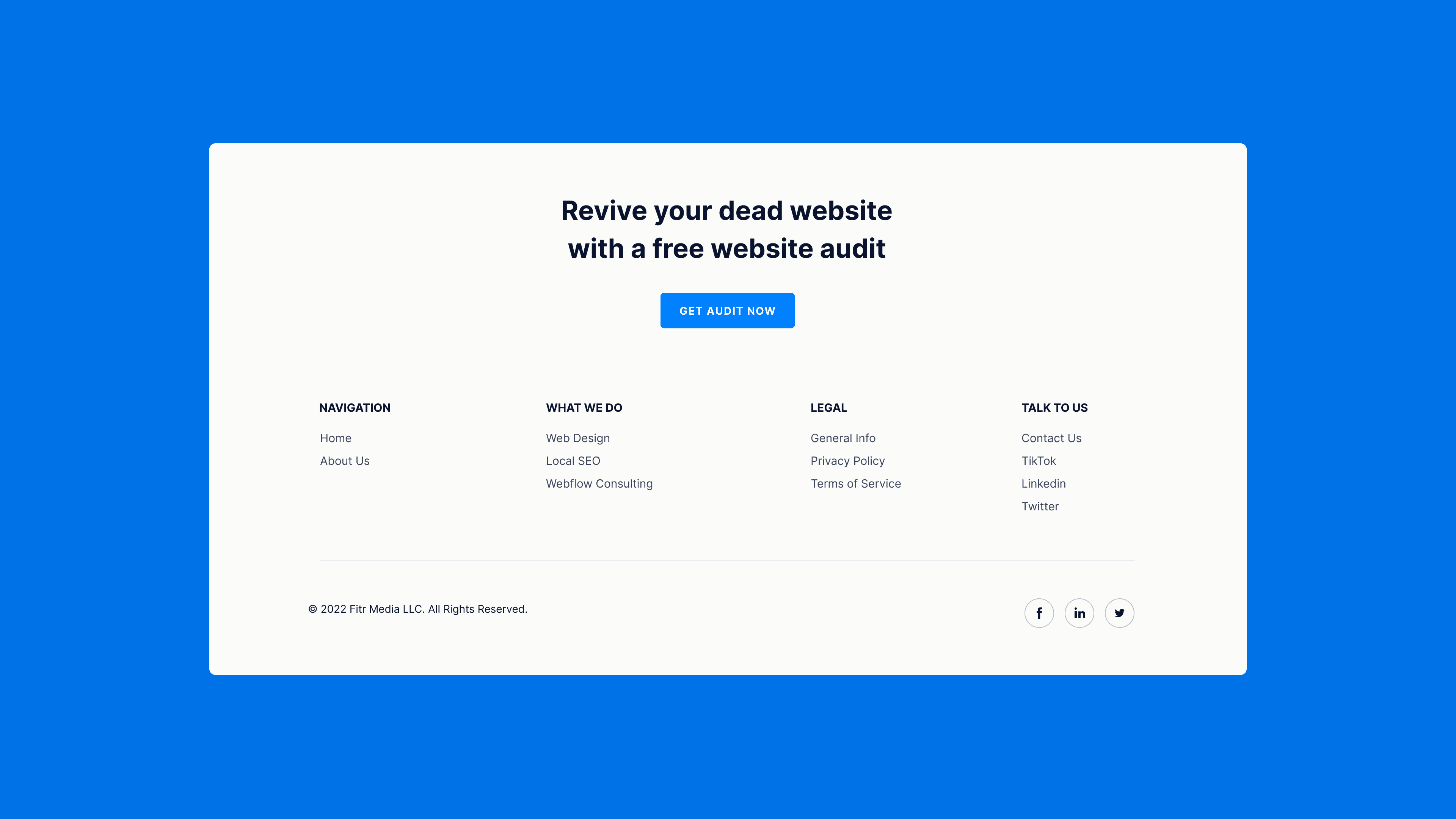 Screenshot of a Fitr Media website footer mockup