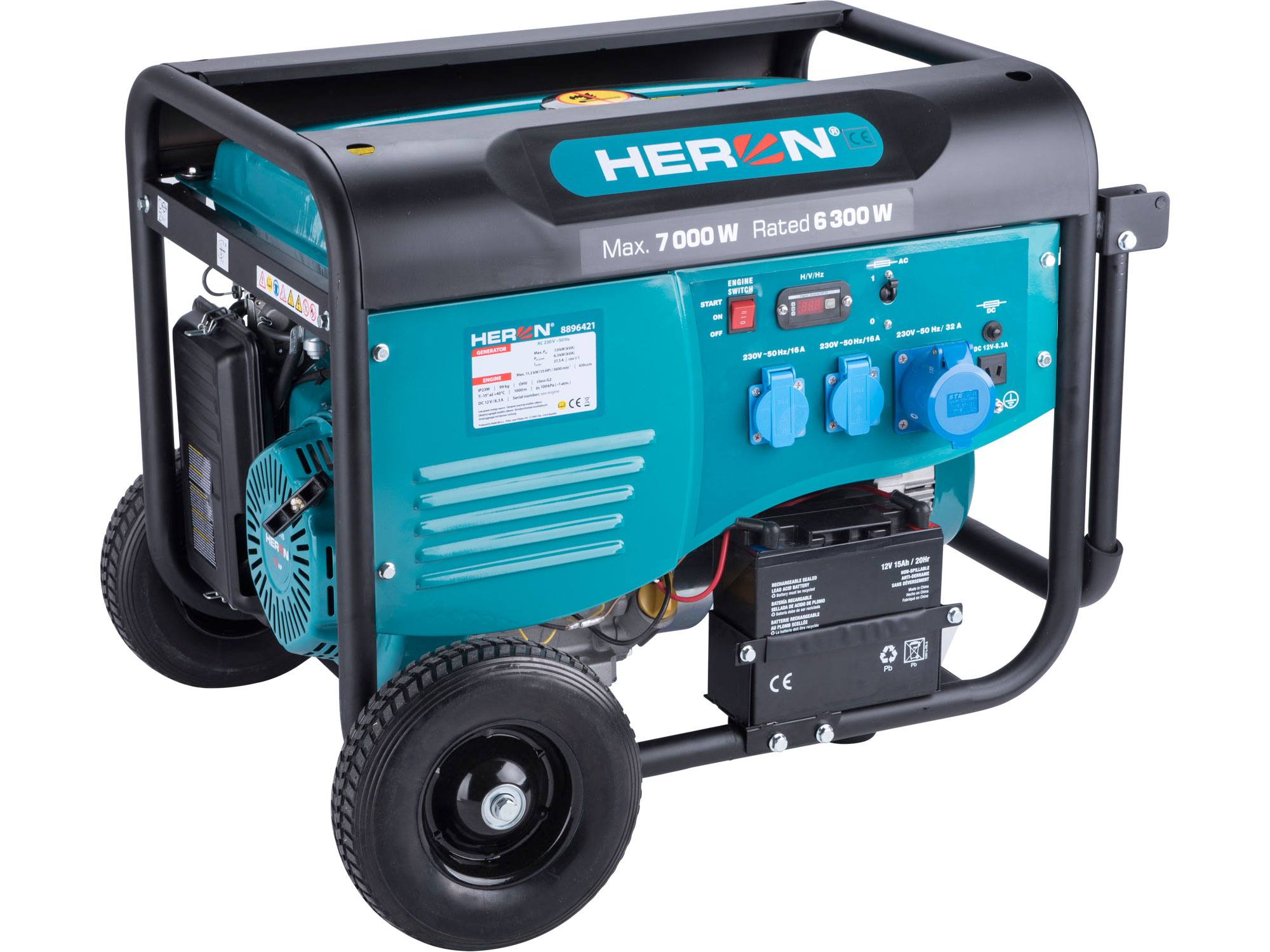 engine generator 7kW, 3x AC 230V, DC12V, 15HP, OHV, 439ccm, manual and electric start, wheels