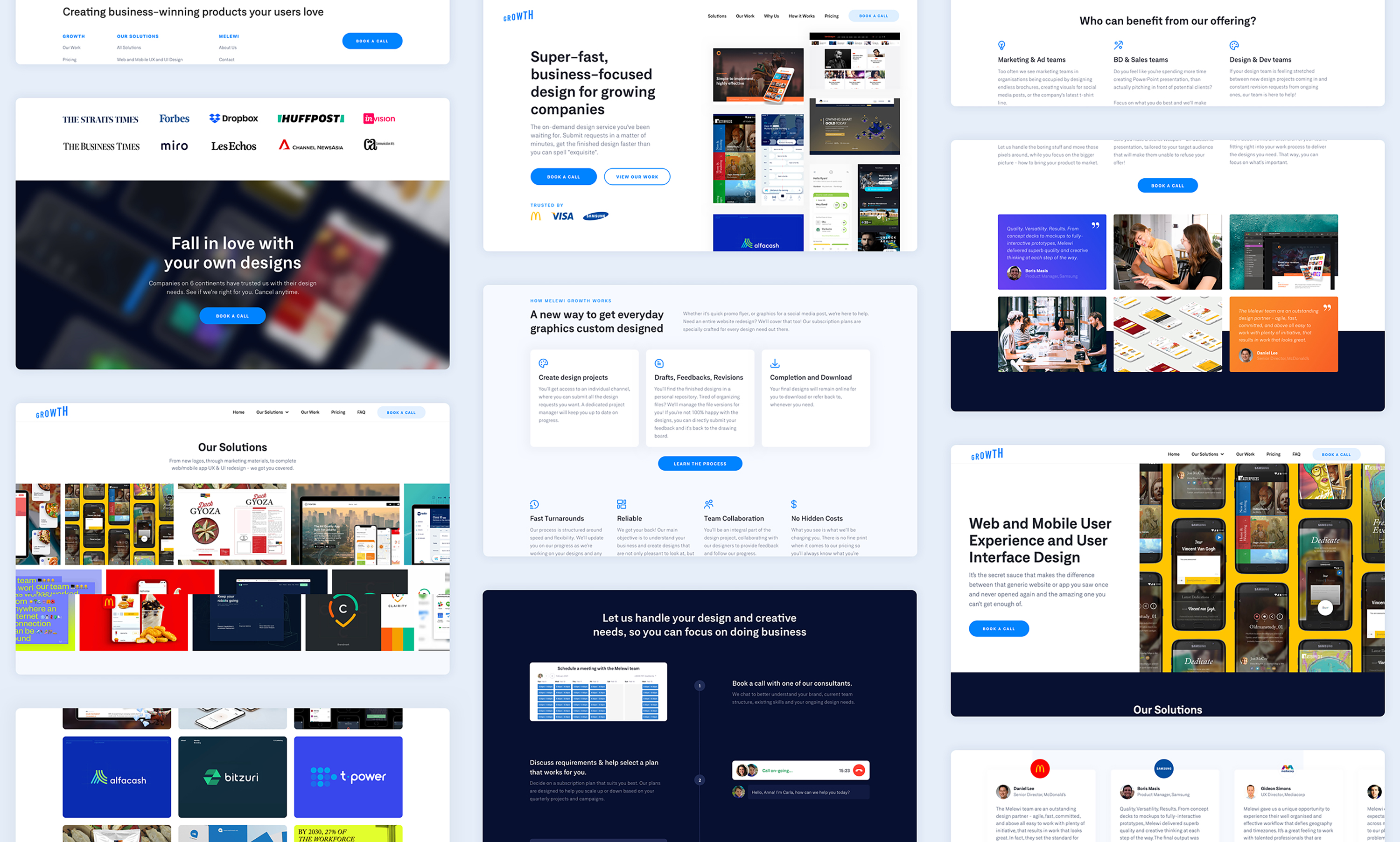 Screenshots of the different screens on the Melewi Growth Website