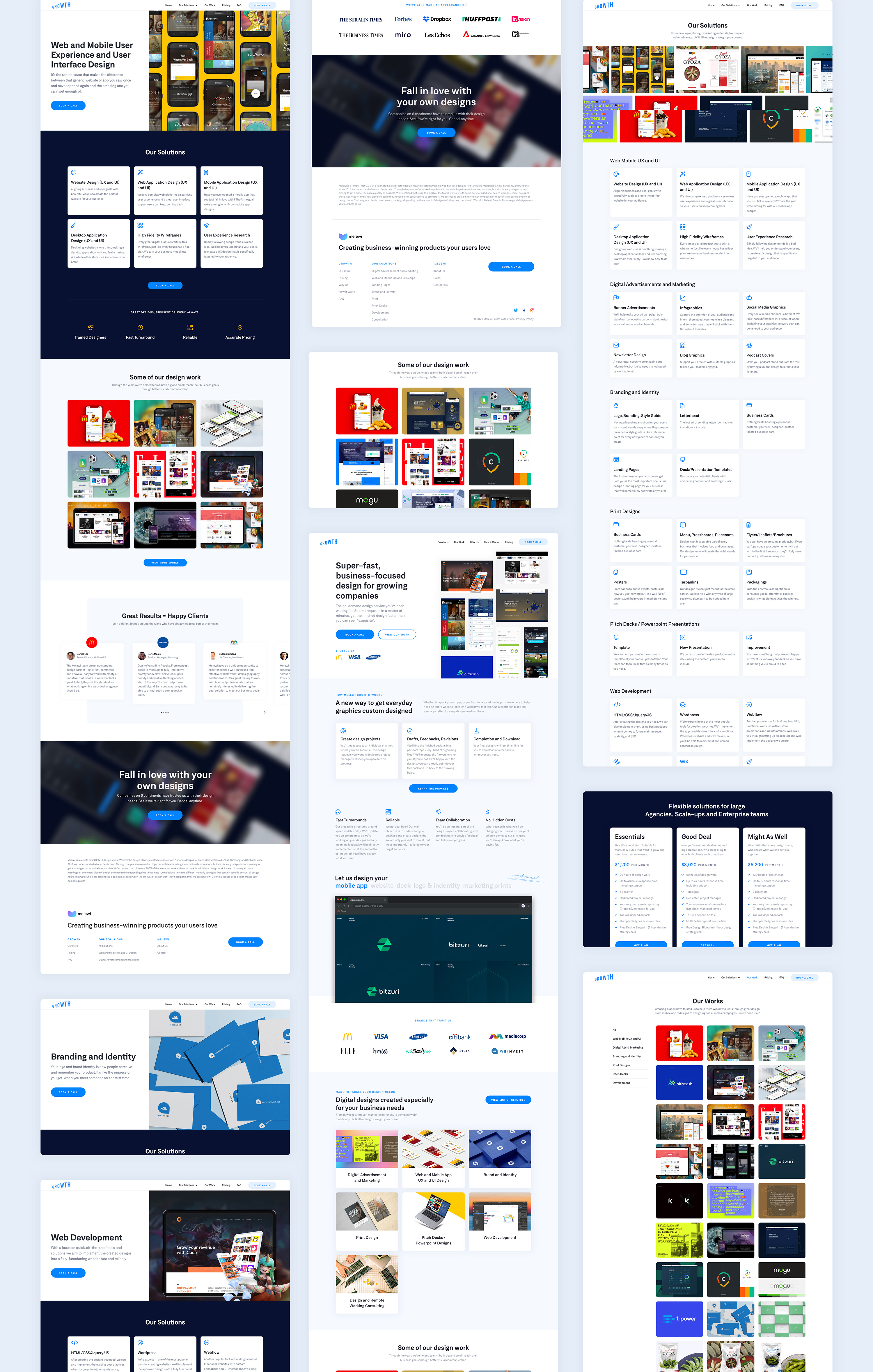 Screenshots of the different screens on the Melewi Growth Website