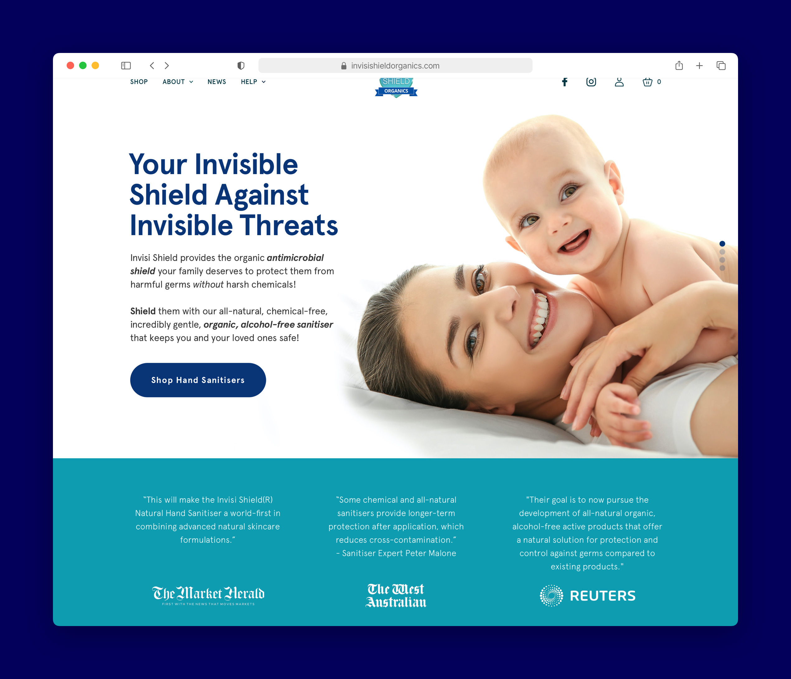 a screenshot of the invisi shield homepage on a browser