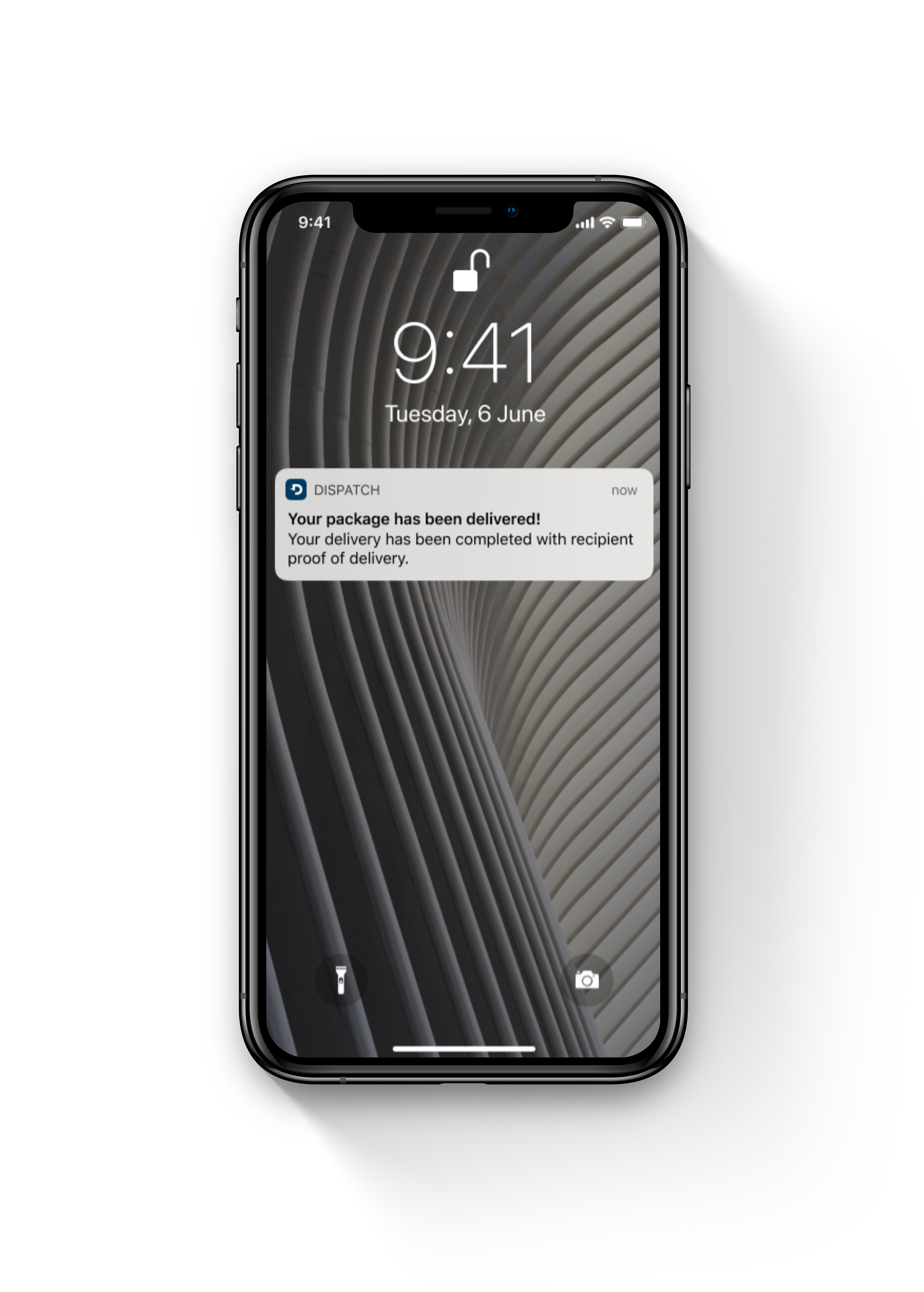 A mobile phone displaying a notification from the Dispatch app that the recipient's package has been delivered