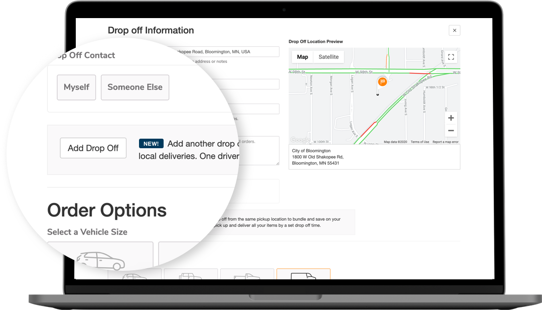 A laptop displaying and highlighting where to add additional drop-offs within the Dispatch web app