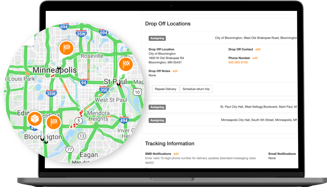 A laptop displaying and highlighting a map of the Minneapolis metro area with icons indicating pickup and drop-offs