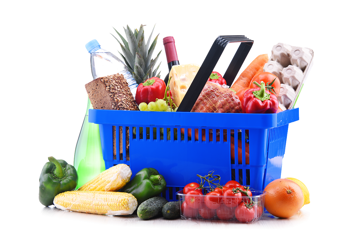Blue Shopping Basket Shopping Trolley Ingredients In Shopping Basket Supermarket Basket with Ingredients Order Ingredients Online Order Groceries Online Checkout Supermarket Online