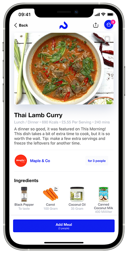 IPhone 12 Template Thai Lamb Curry Recipe Maple & Co App Recipe Healthy Recipe Order Groceries Online Food App Cook Healthy Meals Curry Recipe on IPhone IPhone with App Recipe