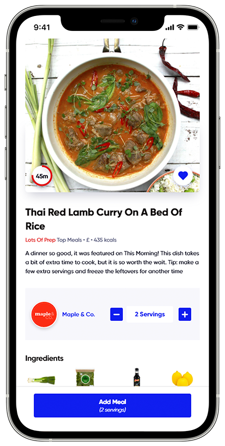 IPhone 12 Template Thai Lamb Curry Recipe Maple & Co App Recipe Healthy Recipe Order Groceries Online Food App Cook Healthy Meals Curry Recipe on IPhone IPhone with App Recipe