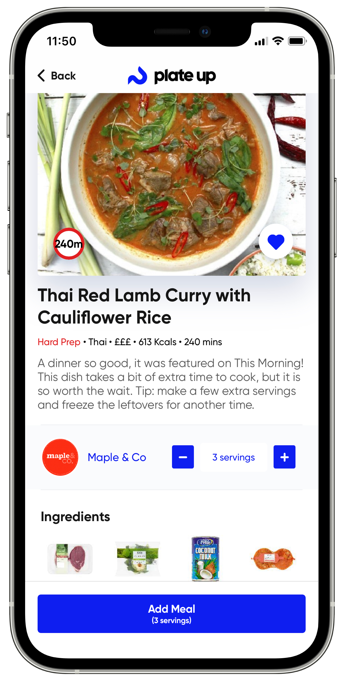 Iphone 12 pro silver, vertical - showing the plate up app. The recipe is Thai red Curry with cauliflower rice, shows description + ingredients.