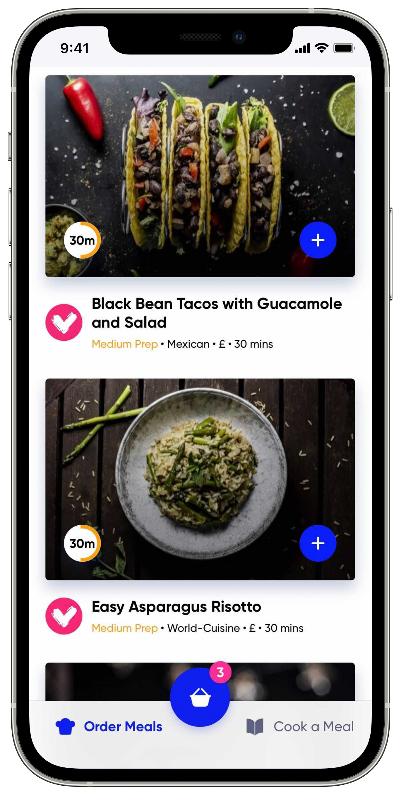 Iphone 12 pro silver vertical - shows recipes from the plate up app. - Recipes shown are black bean tacos with guacamole and salad, easy asparagus risotto