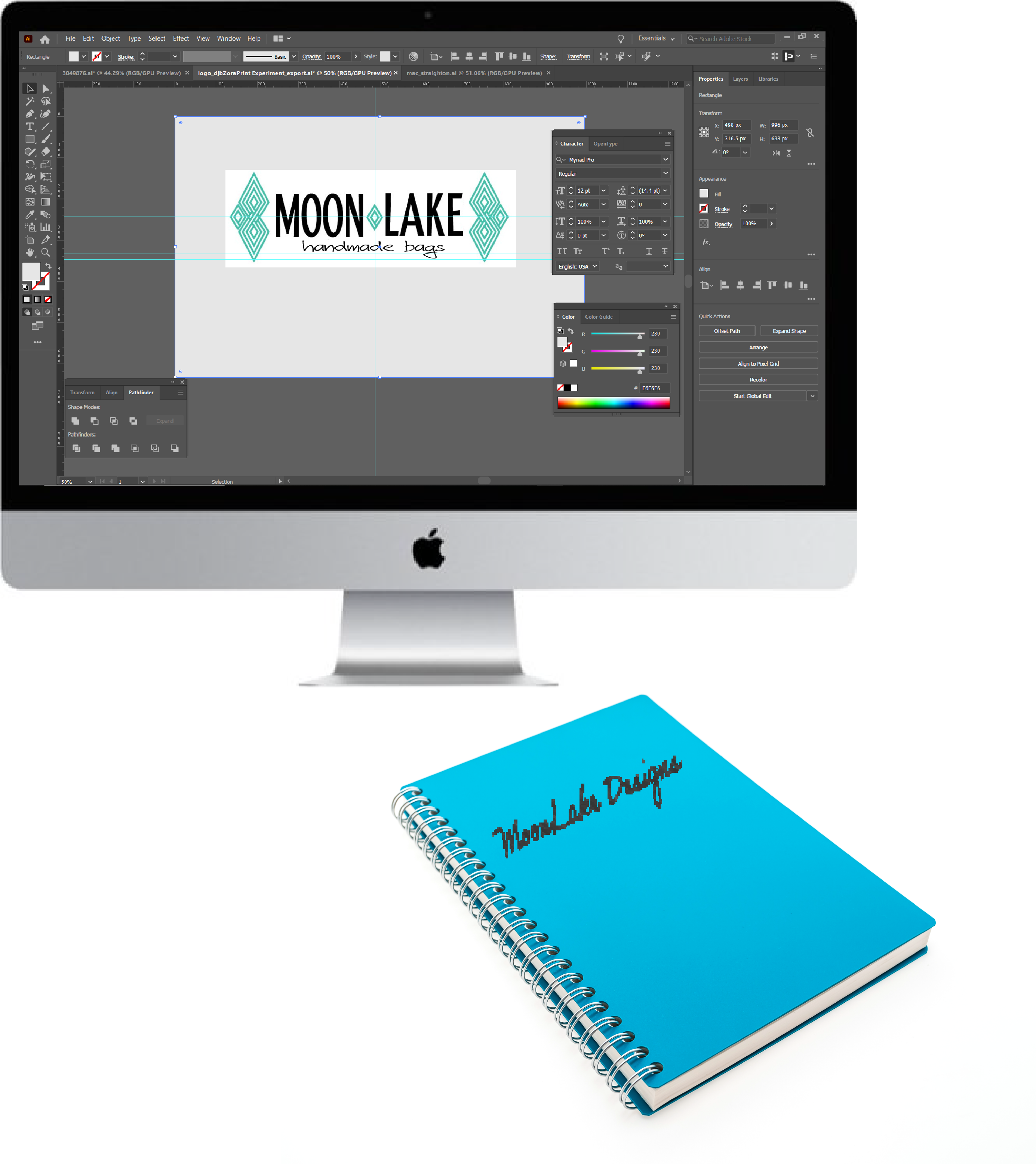 Mac computer opened to Adobe Illustrator document MoonLake Designs Logo