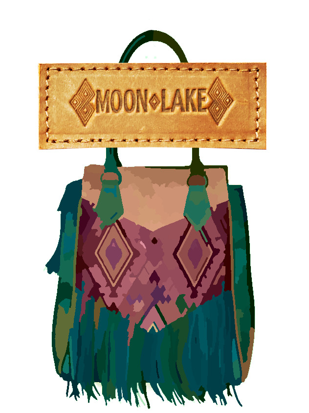 MoonLake Logo on leather over green leather bag