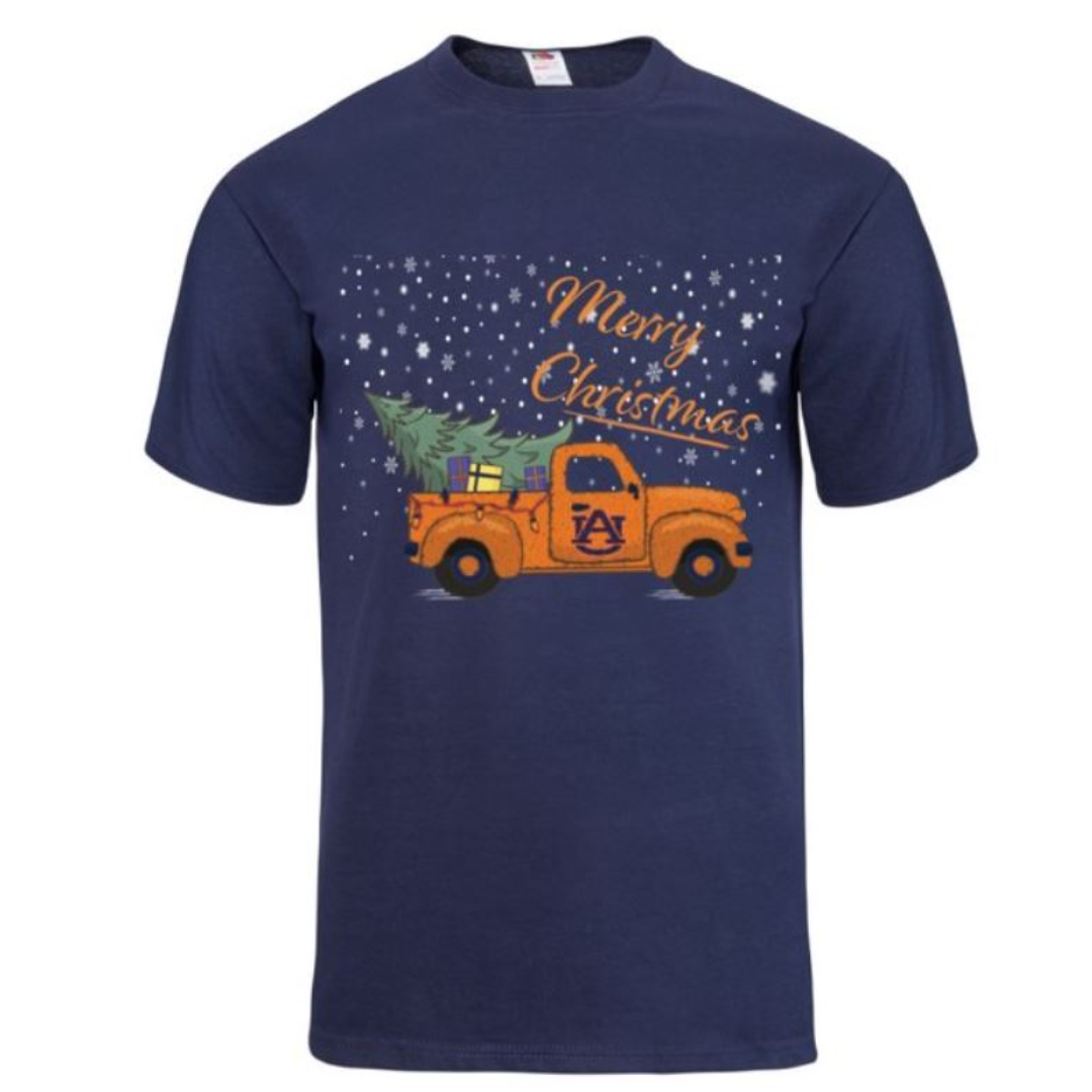 Navy blue tshirt with classic Auburn truck transporting christmas tree and Merry Christmas in orange type