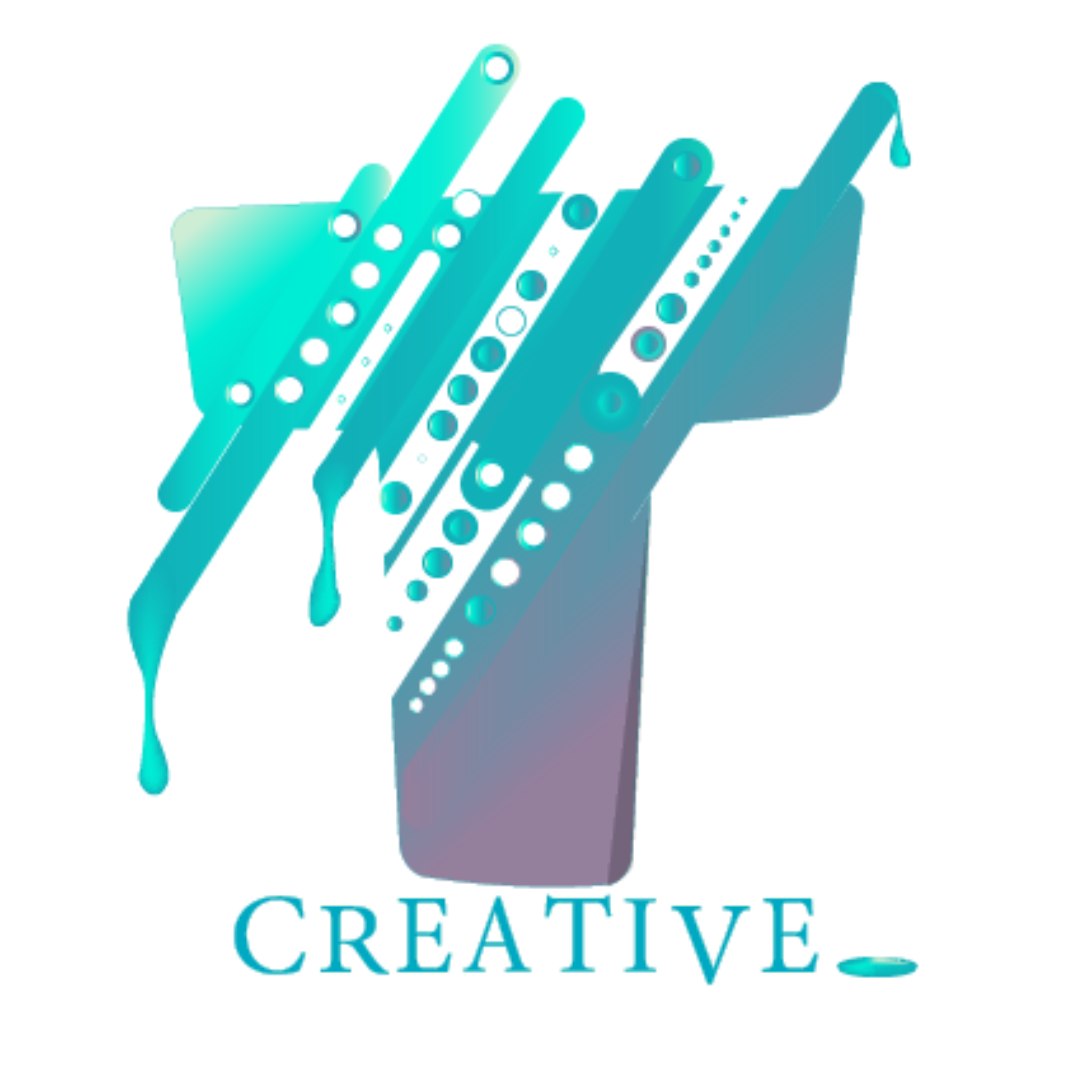 Dripping T in teal to purple gradient over Creative in teal green