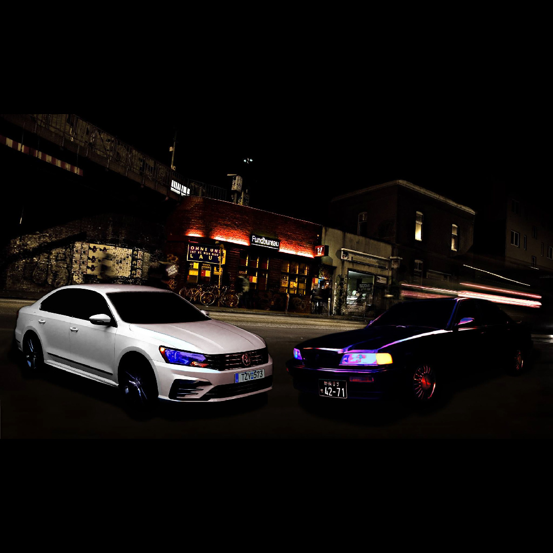 White TSI VW and Black Acura Legend on dark background of German nightclub printed on canvas