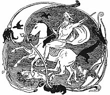 Here, Odin can be seen riding on Sleipnir. While wolves and ravens roam around