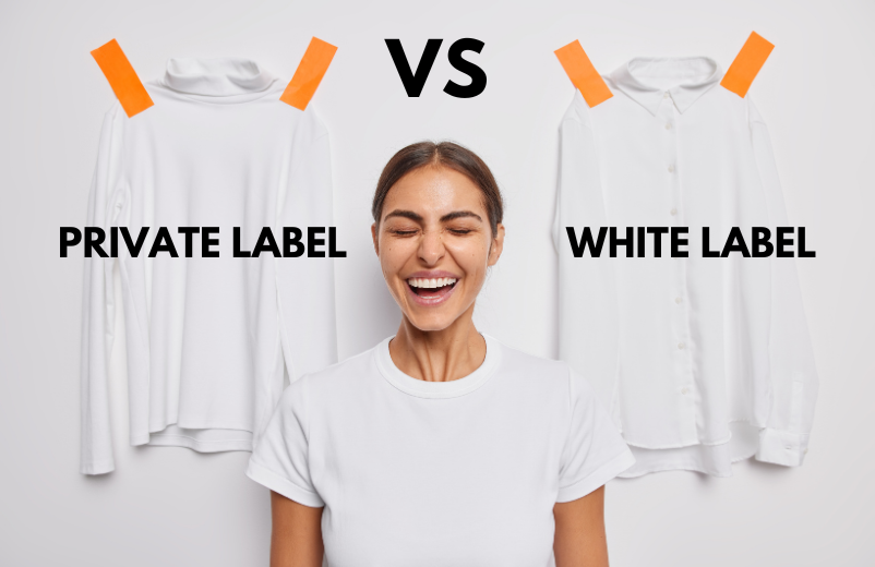 A hesitant woman in the midst of two unbranded white garments without labels alludes to the indecision between private label and white label 