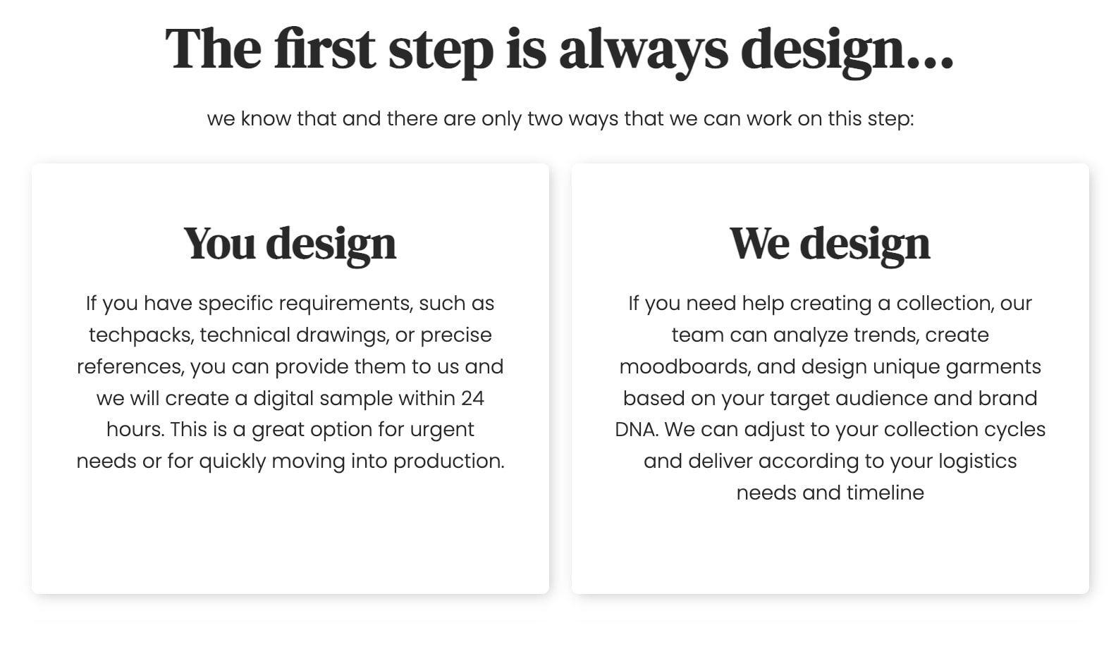Comparing the "you design" and "we design" options for working with GAT Fashion Lab's Full Package Clothing Manufacturing Service
