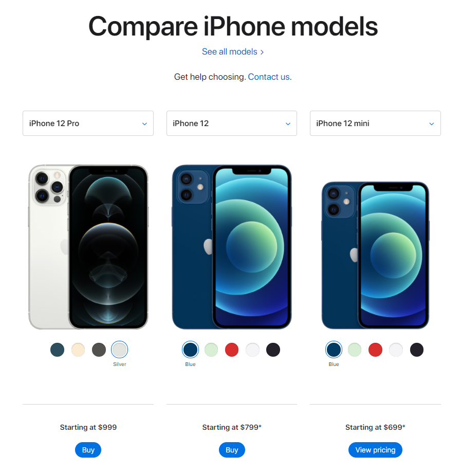 compare iPhone models page UX design
