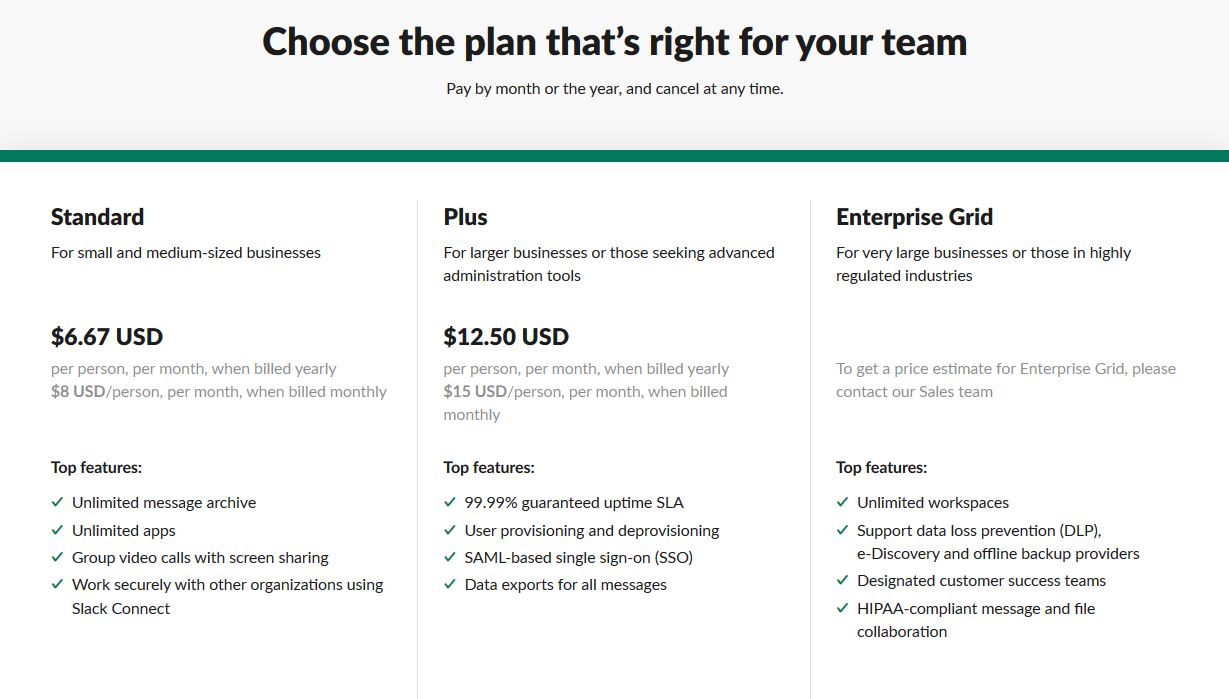Slack pricing page