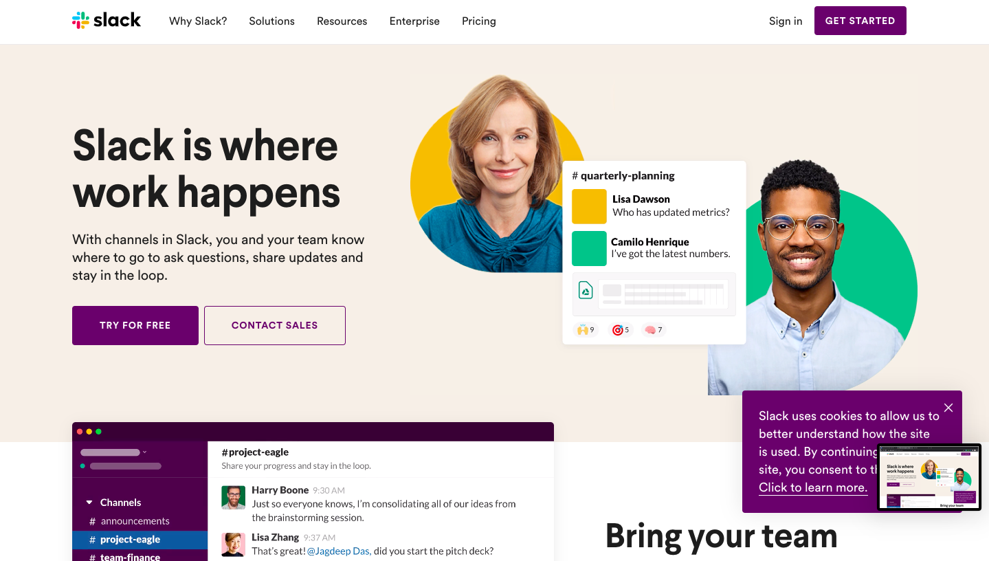 Slack has a simple and appealing SaaS website design