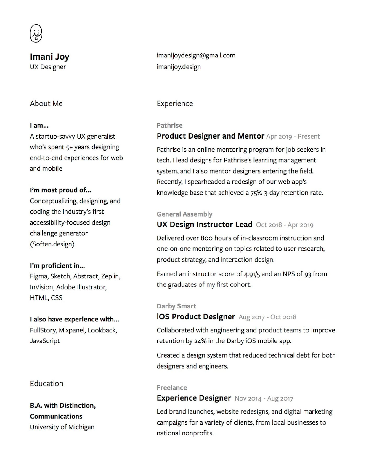 black and white design resume example for UX designer
