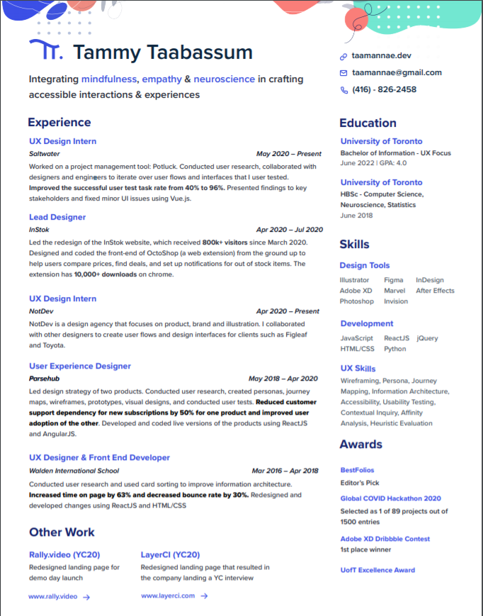 skills and experience of a UI/UX designer in resume