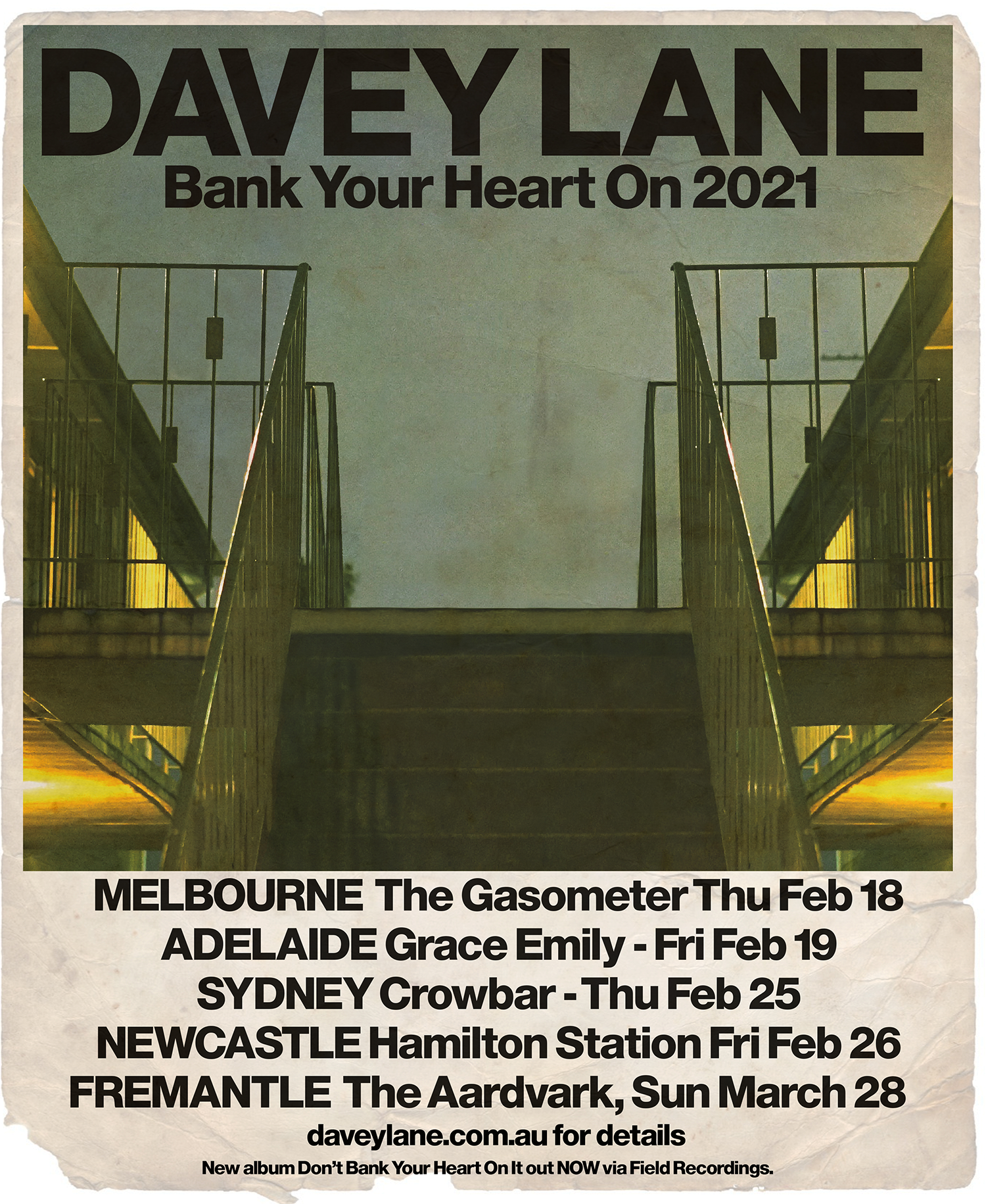 Gig poster for upcoming live shows in Melbourne, Adelaide, Sydney, Newcastle and Fremantle