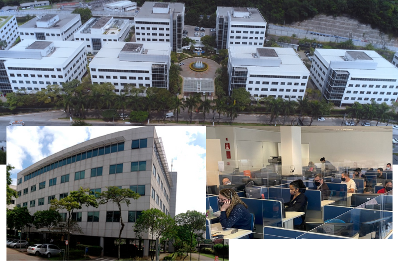 A imagem apresenta um conjunto de fotos do condomínio empresarial onde a Funchal Negócios está localizada