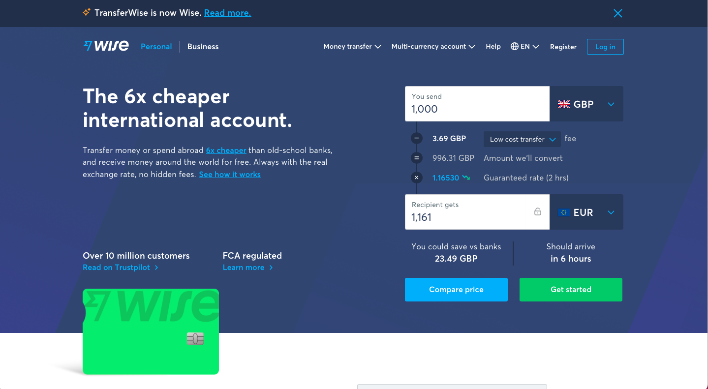 Wise's homepage calculator