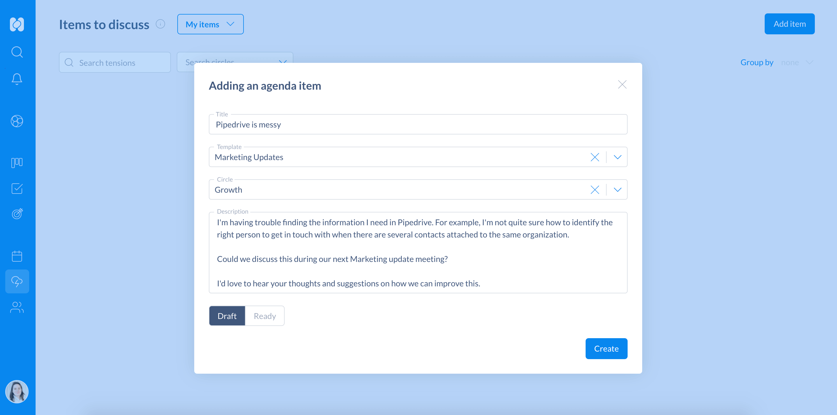 Adding an item to discuss in Holaspirit