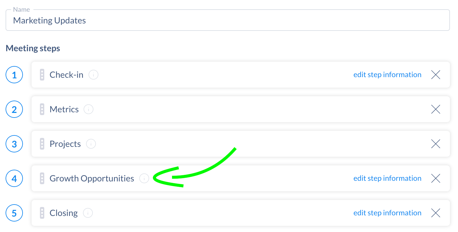 Adding custom steps in meeting templates