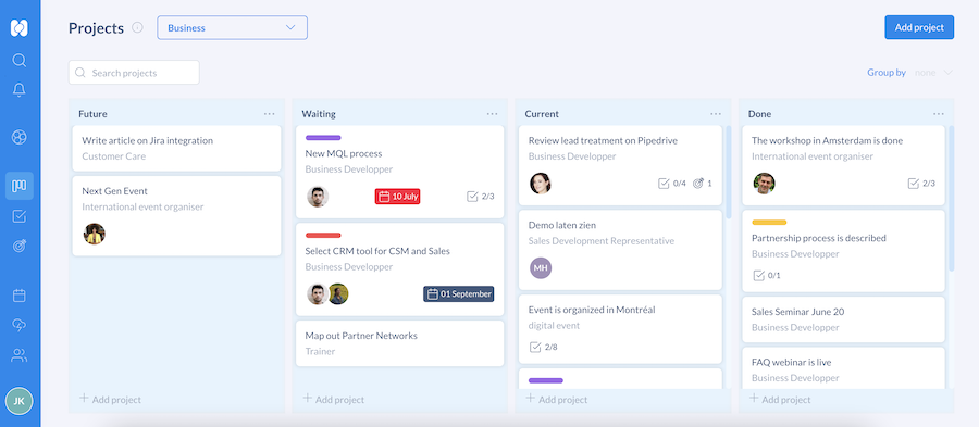 A Kanban board view in Holaspirit