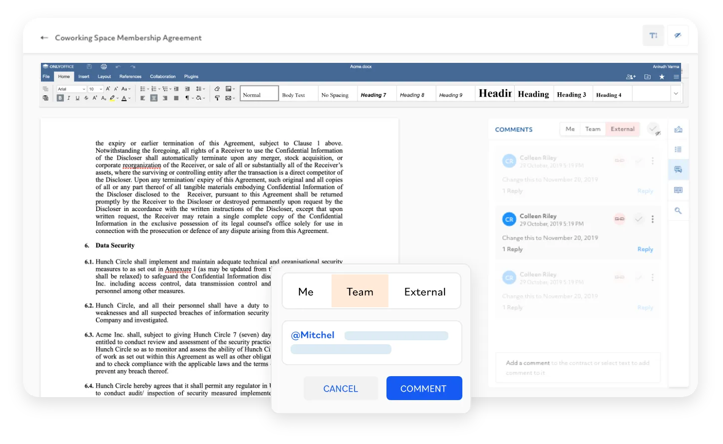 A contract open in the SpotDraft Editor, displaying comments addressed meant for ‘Me’, ‘Team’, and ‘External’.