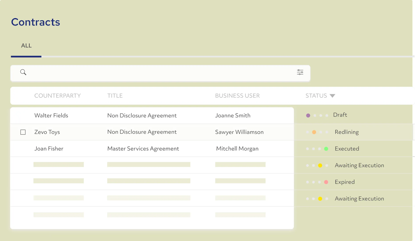Contracts sorted in a repository, with title, counterparty, status, user, and other details.