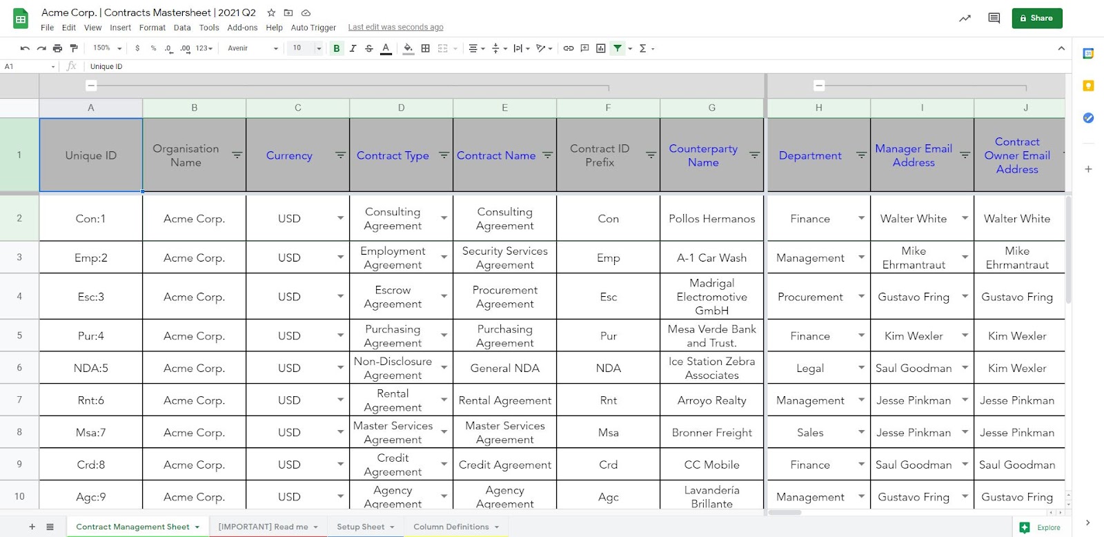 Contract repository management with Google Sheets