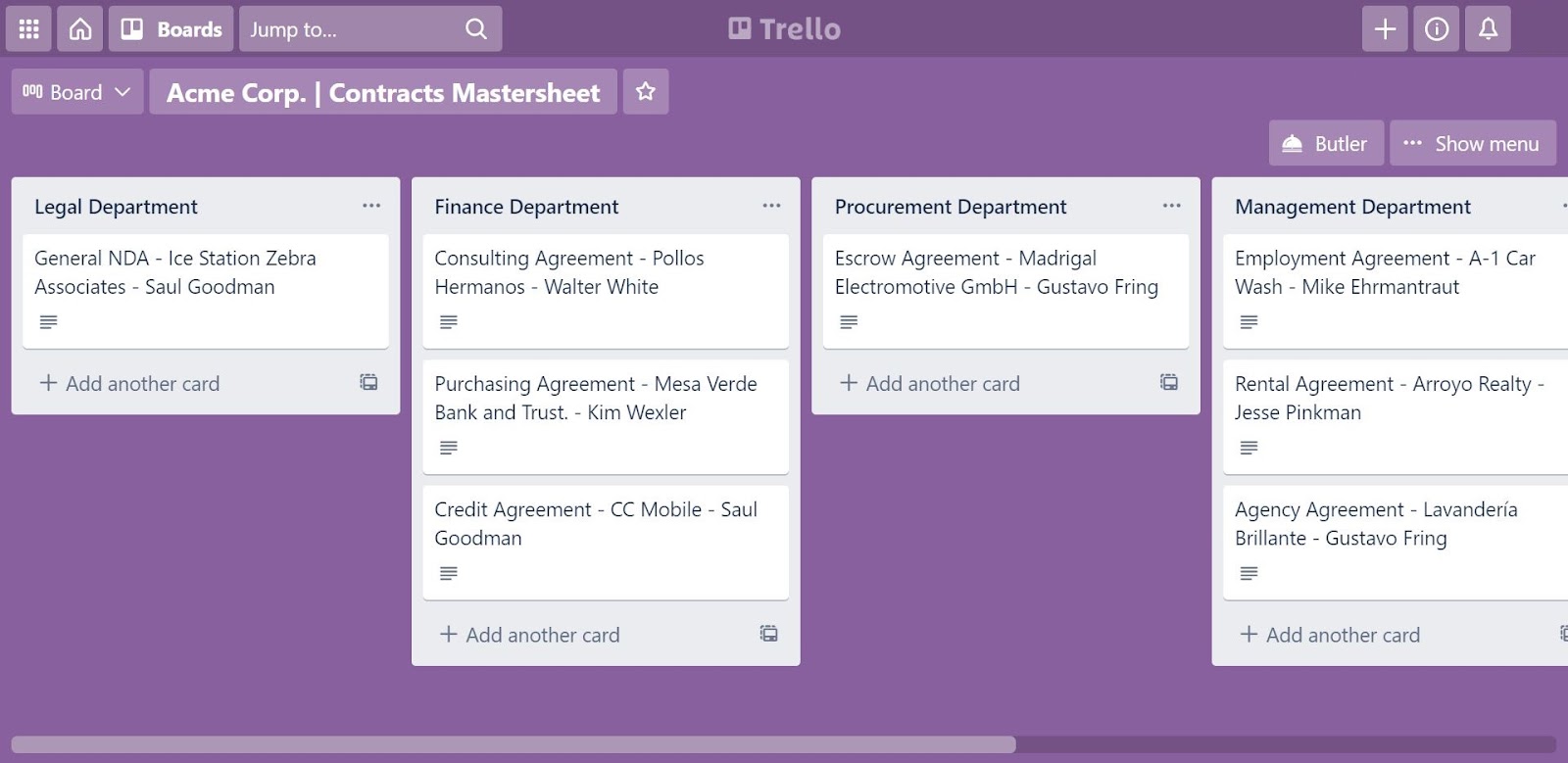 Contract repository management with Trello board