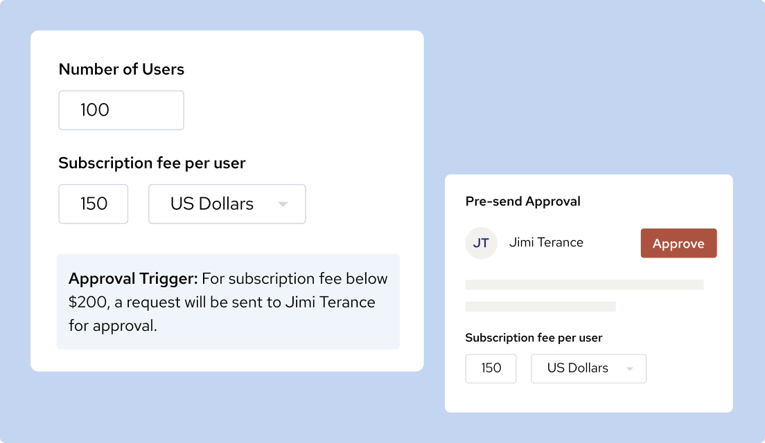 Image displaying a conditional approval request triggered due to purchase price and approved by legal.