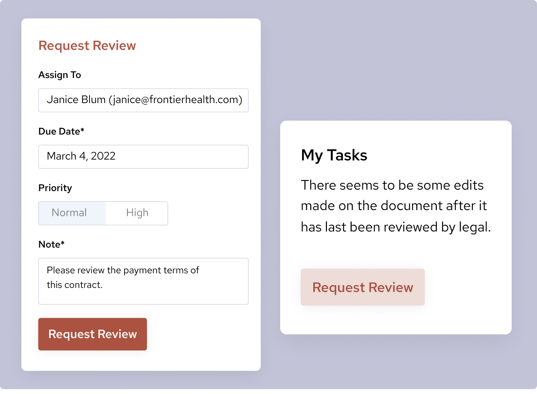 Request review, add due dates, set priority, and track edits to contracts on SpotDraft.