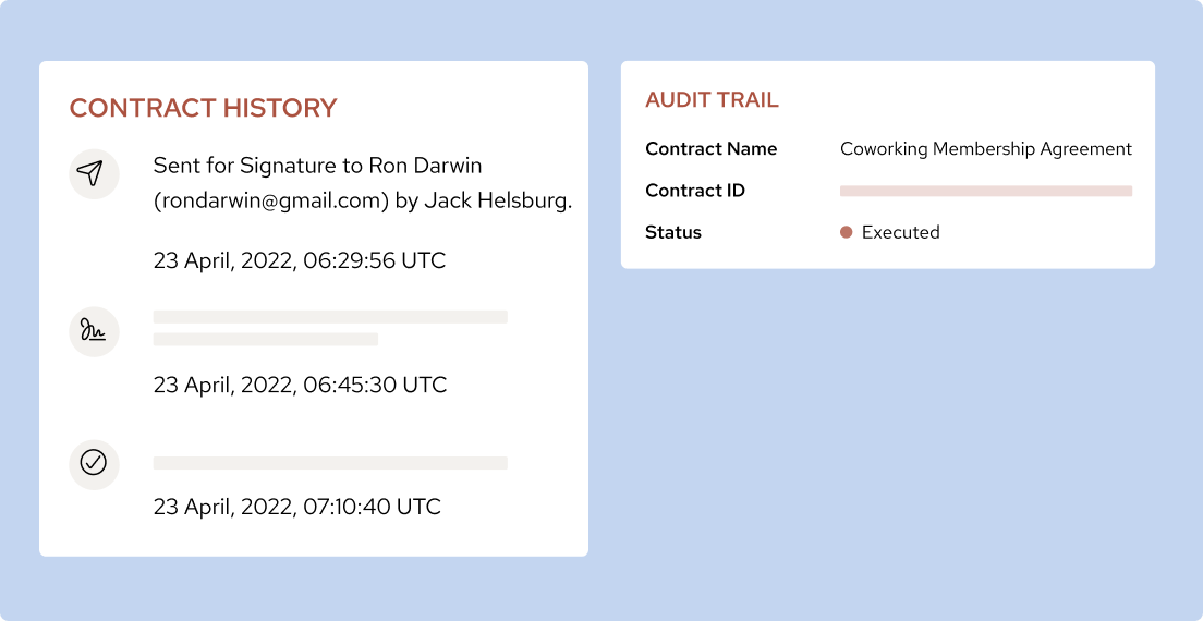 The audit log of a contract, displaying who created the draft, the actions performed, edit date and time, etc.