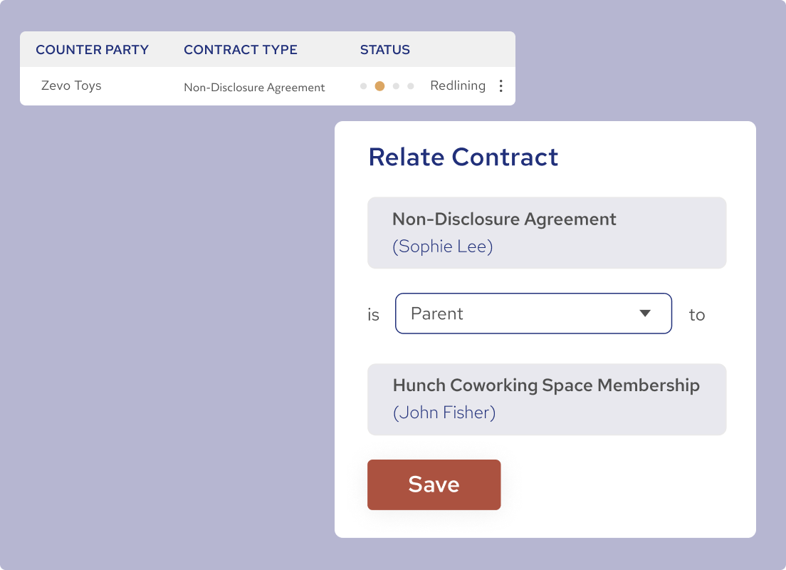 Image displaying the process of linking a parent contract and a child contract together on SpotDraft.
