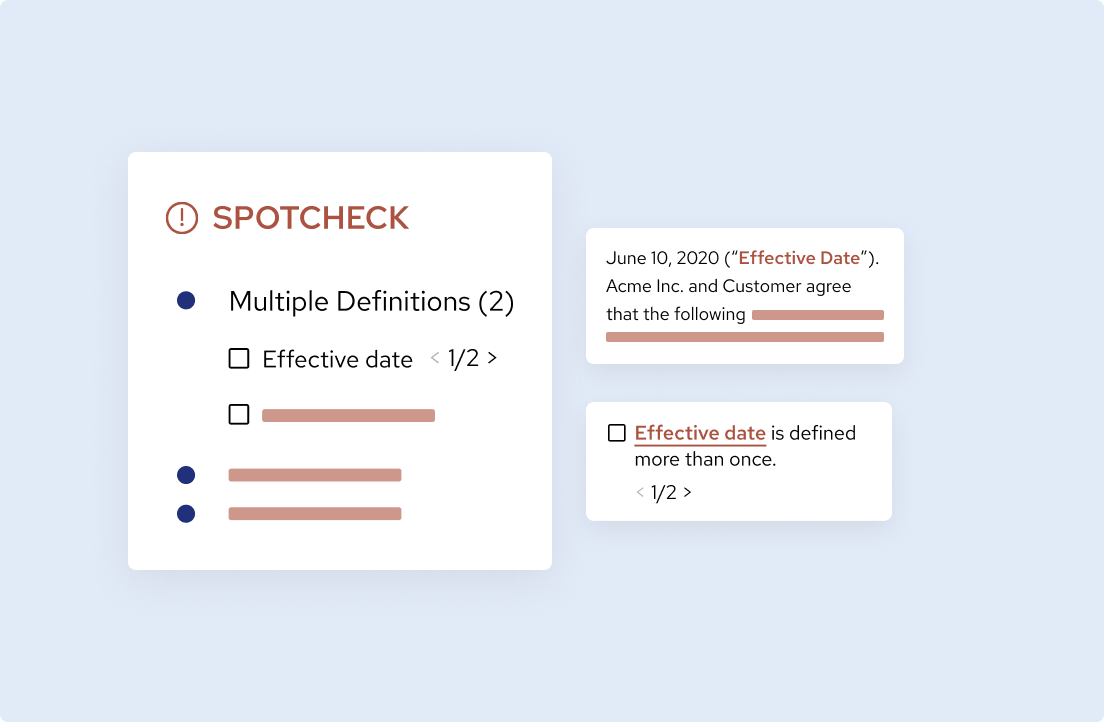 SpotCheck catches and highlights mistakes in contracts, such as multiple definitions, date, etc.