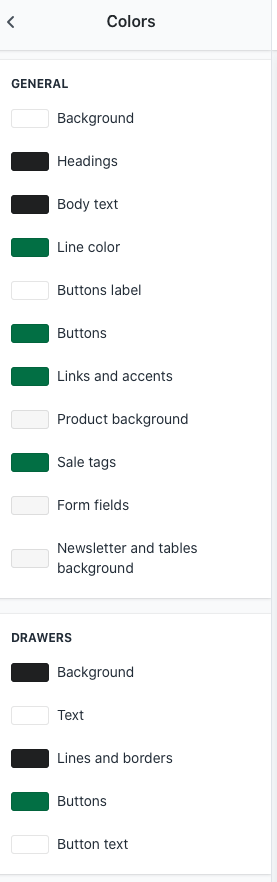 Shopify Colors Settings