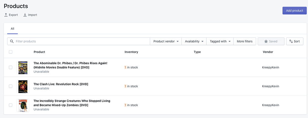 Shopify product list