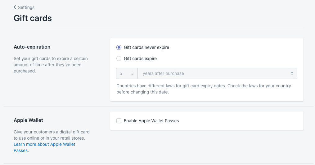 Gift card settings