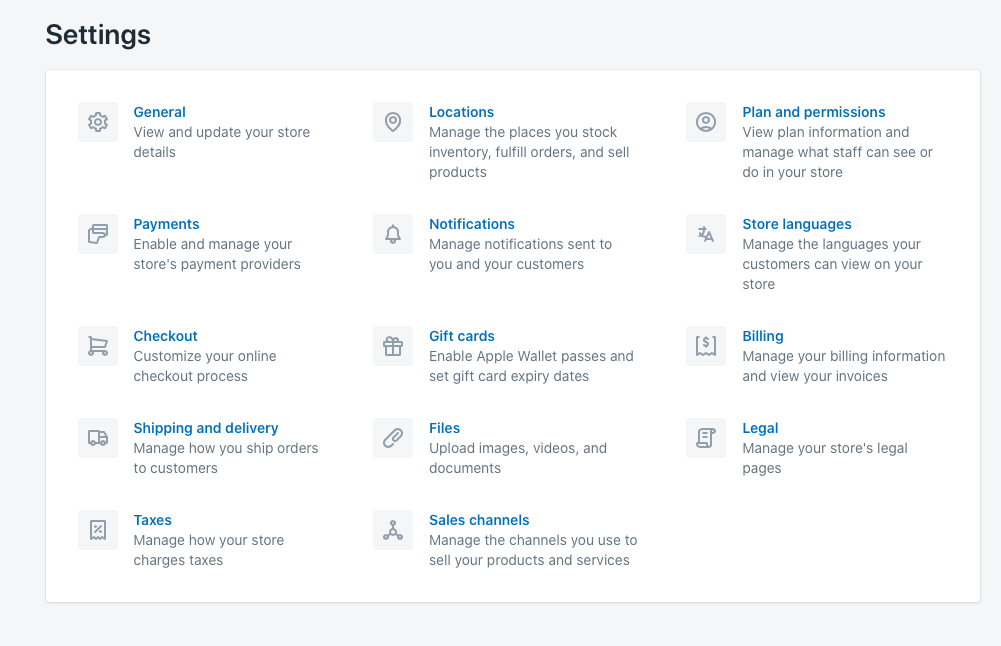 Shopify Main Settings