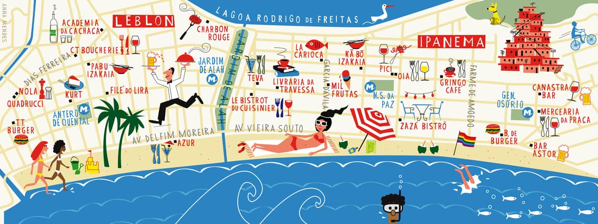Mapa dos bairros Leblon e Ipanema
