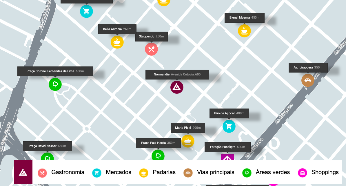 No mapa da Gafisa, incluímos também as distâncias do empreendimento até cada ponto do mapa.
