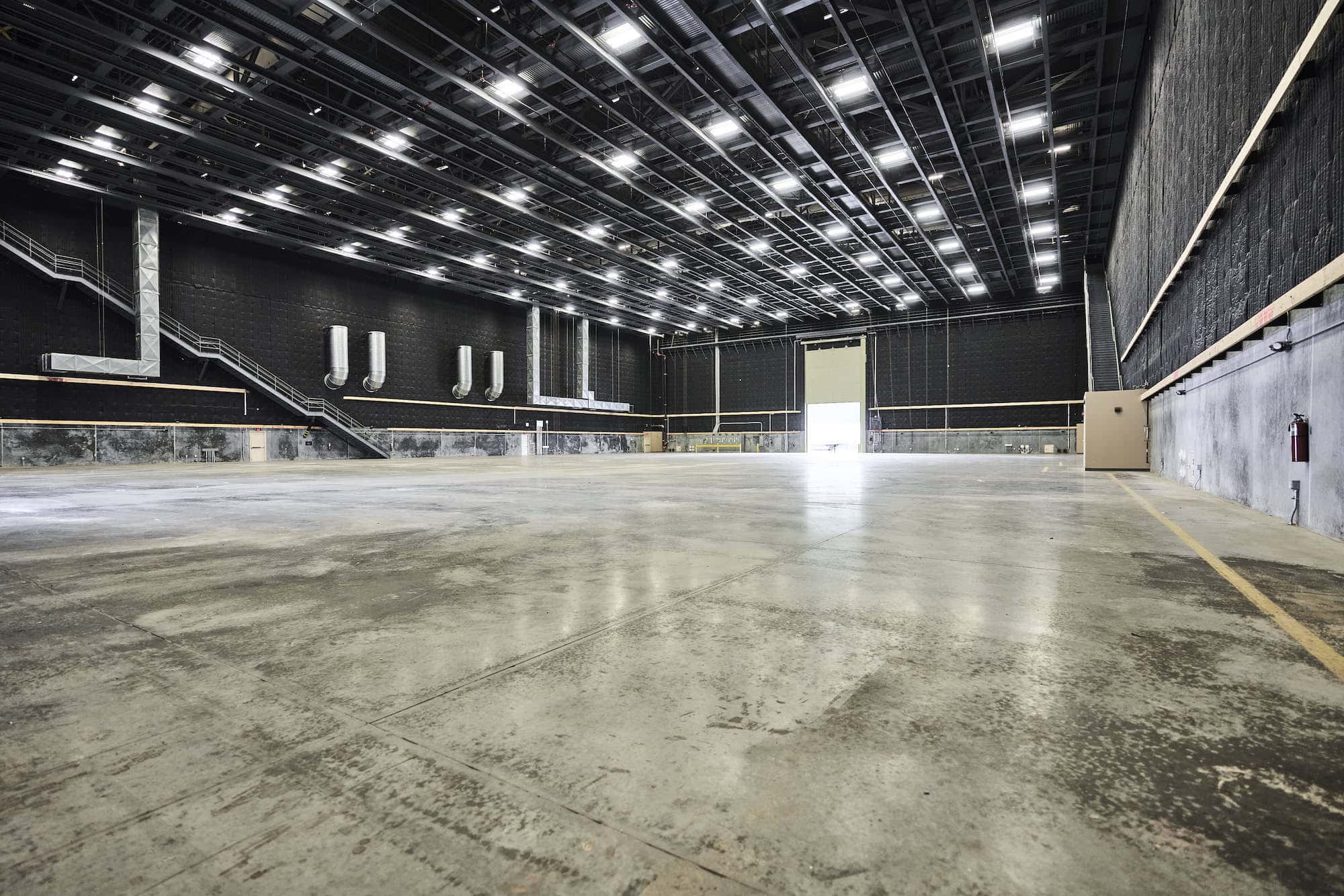 Wide angle shot of the inside of one of the studio stages.