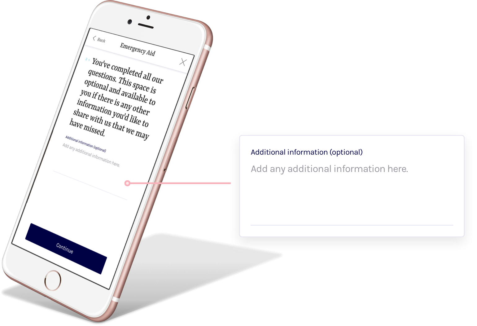 A phone mockup showing optional field in the emergency aid application